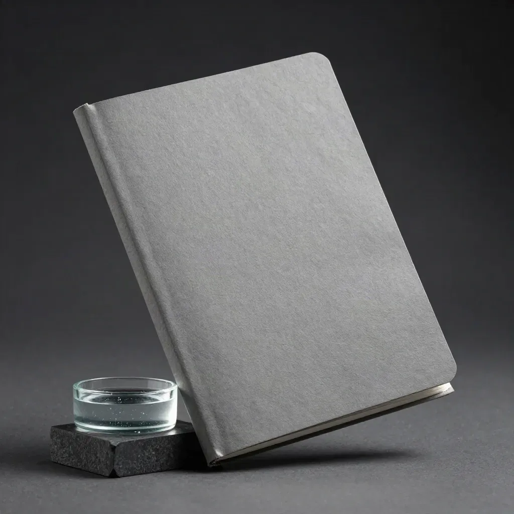 Macro of a recycled report booklet, stone wedge and glass paperweight on a dark gradient background.