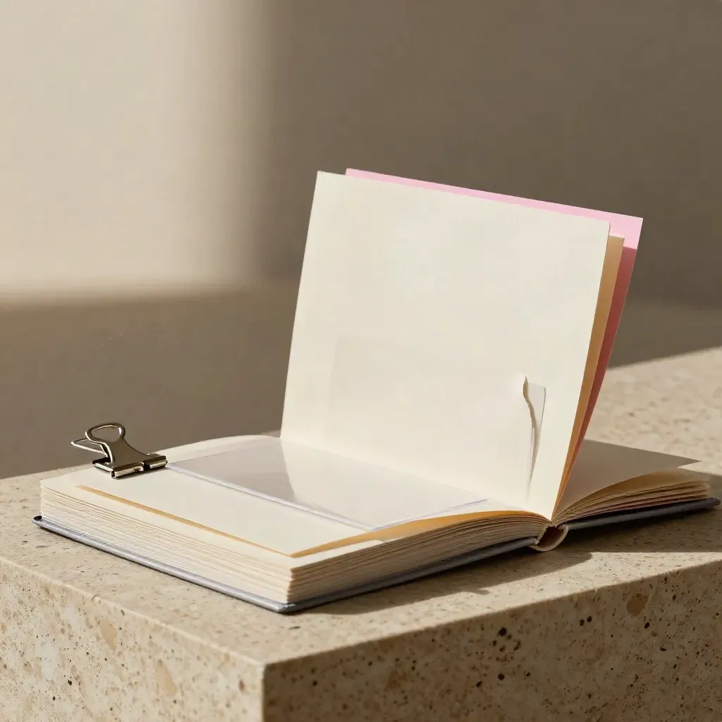 Unbranded hook-sheet booklet with torn cream cards and acetate dividers on travertine