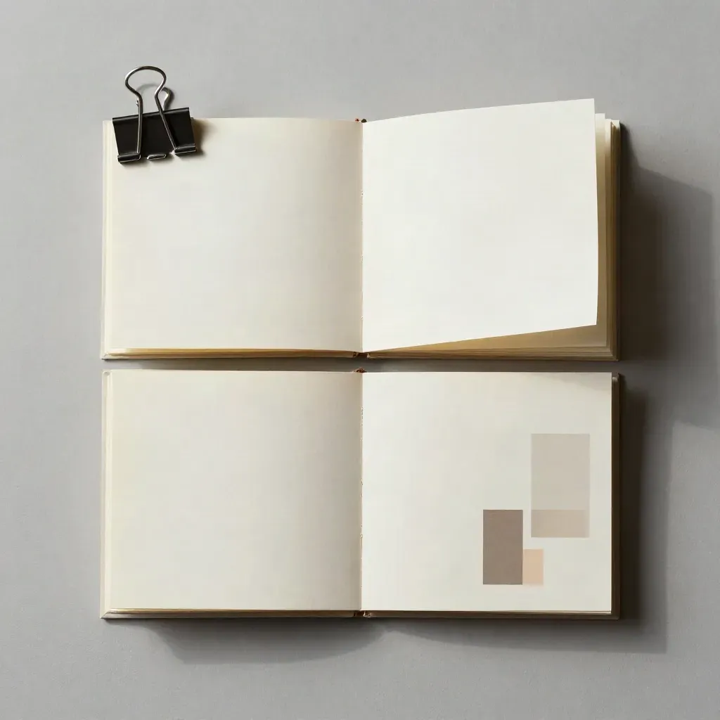 Overhead notes pack, folded zines and binder clip on plaster with pages arcing in soft light.