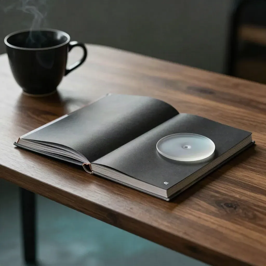 Open listening brief beside a black cup and frosted glass disc on smoked walnut.