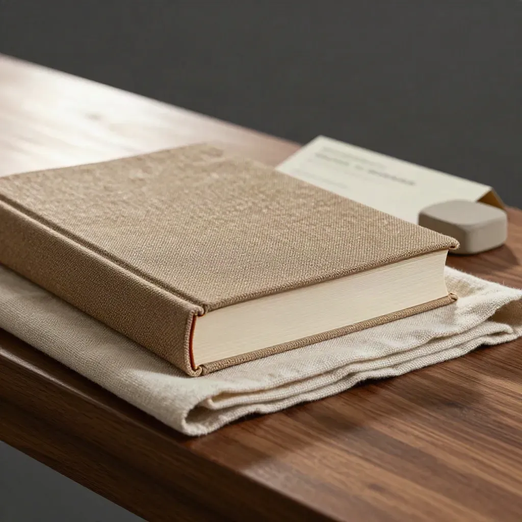 Close-up guide volume with woven cloth spine, clay paperweight, and folded linen swatch on walnut wood.