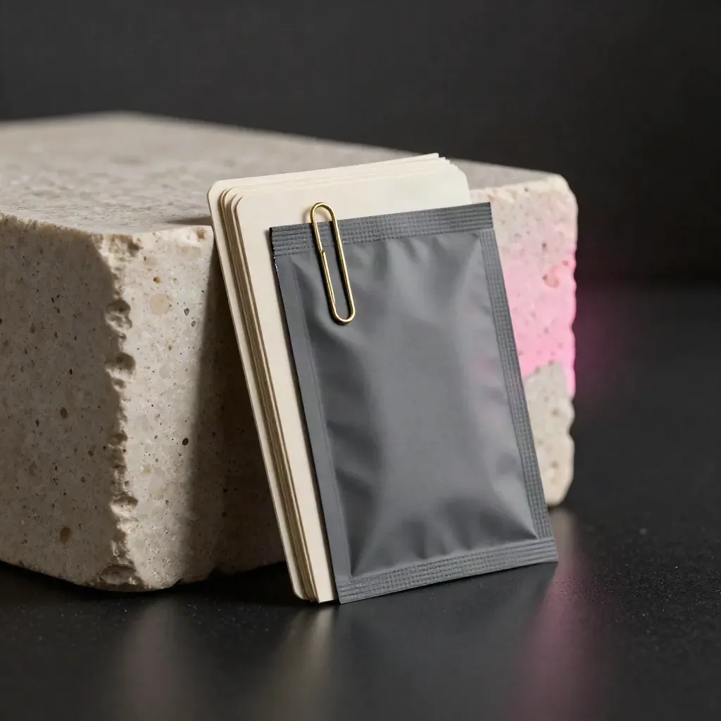 Matte pitch pack leaning on travertine with cards and brass clip in a dark studio.
