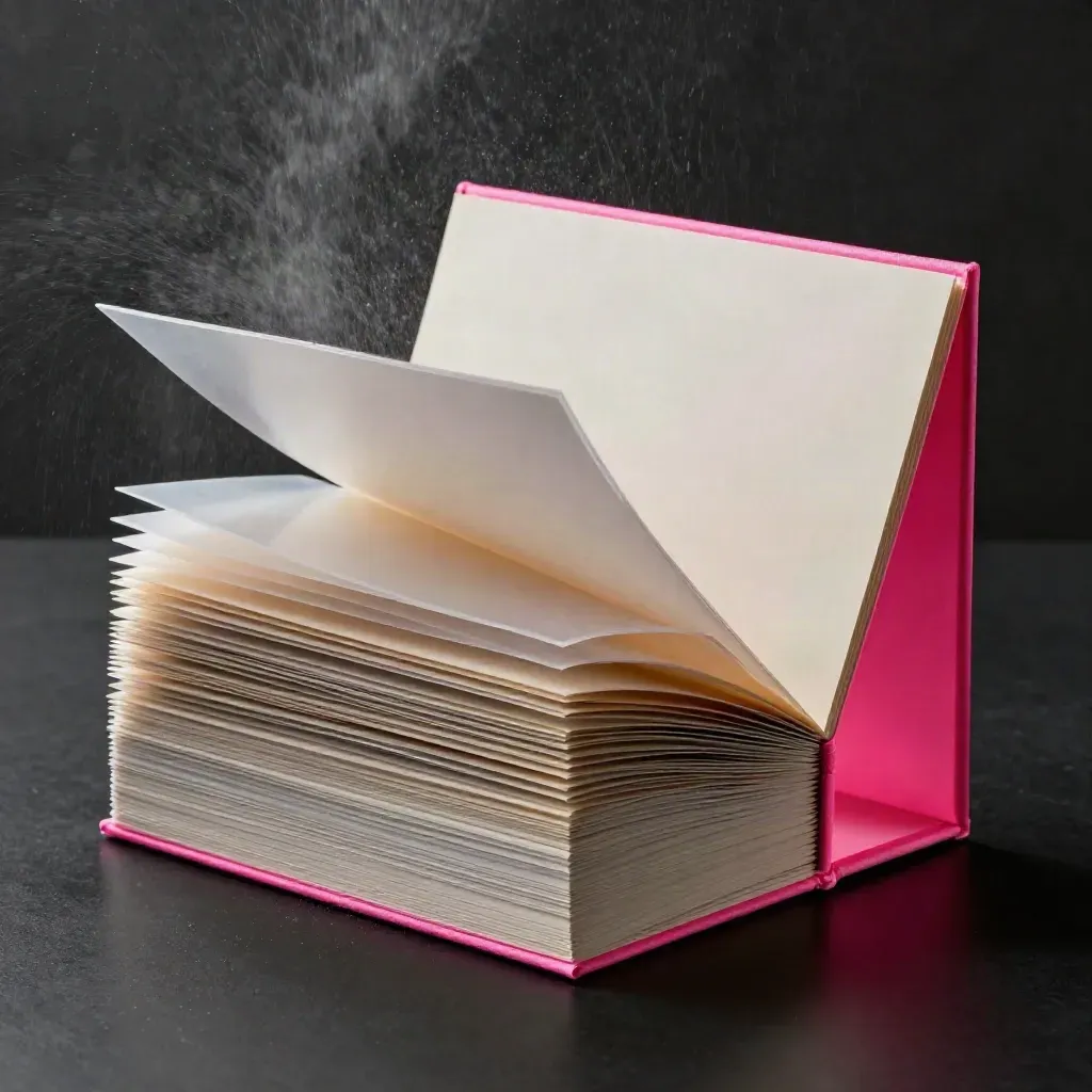 Neon-pink editorial bundle of cards and acetate sheets on a dark reflective surface in mist
