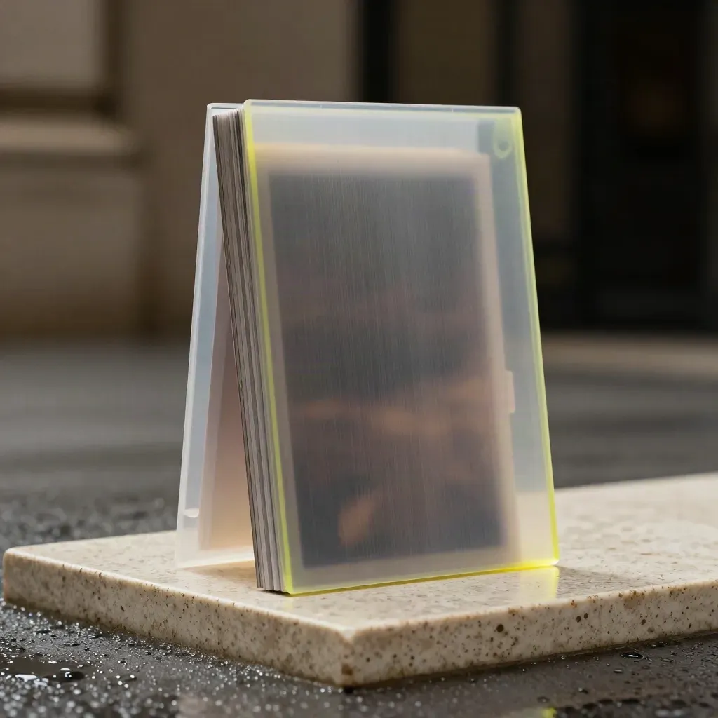 Tall launch pack with stone block and acetate on a travertine plinth in a misty dark studio.