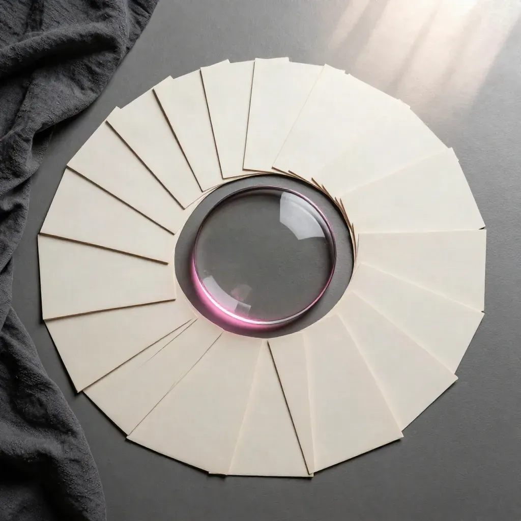 Flatlay of report cards, a glass disk and folded cloth on graphite with a neon pink glow.