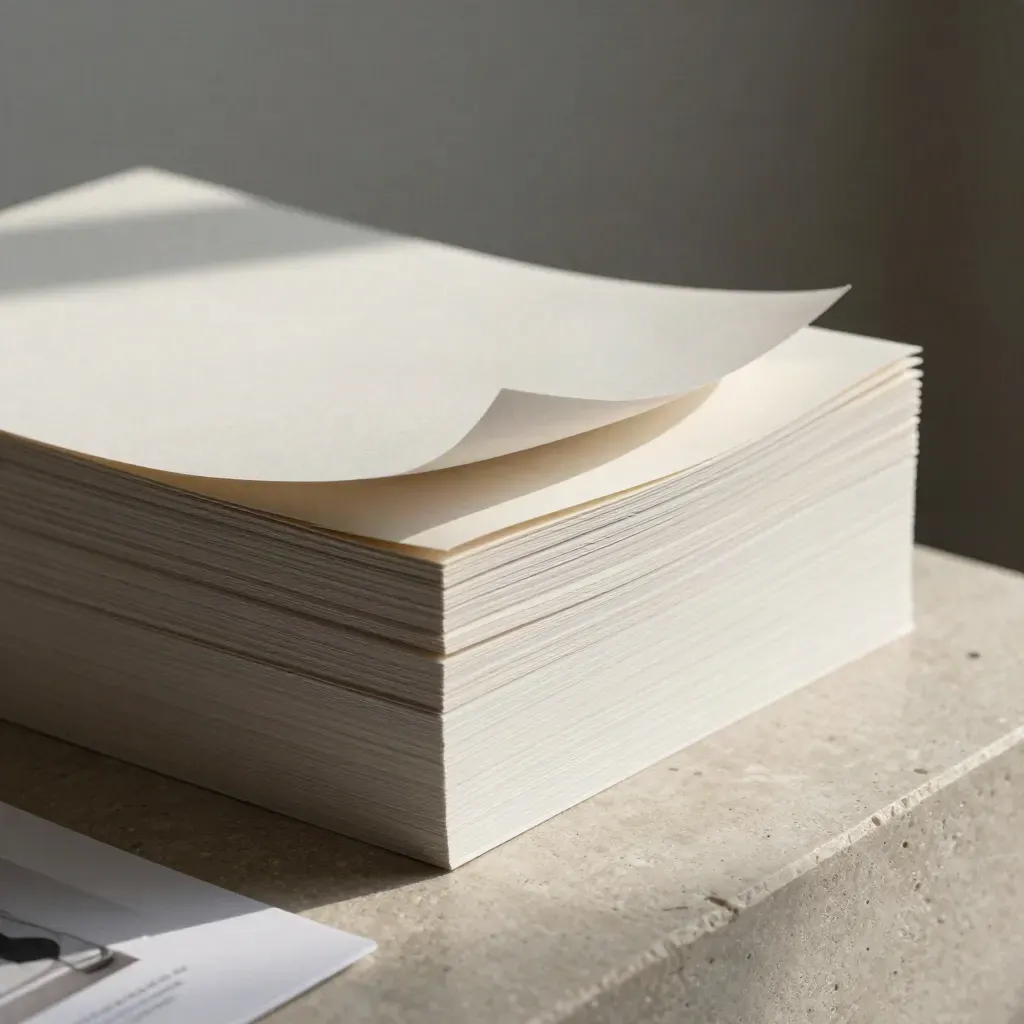 Layered growth sheets in a sleeve on stone, one page sliding free in soft daylight.