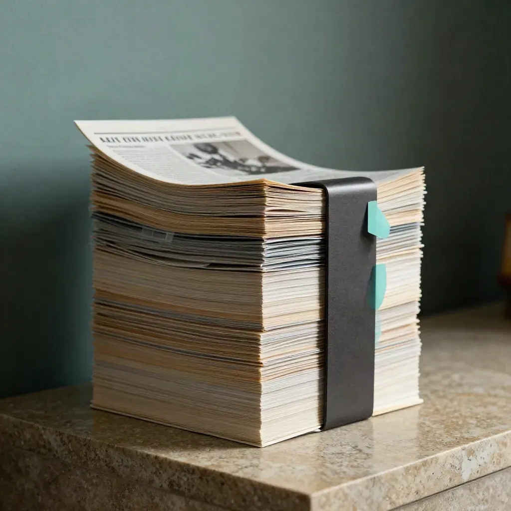 A pale brief bundle with separators and a dark paperweight on a stone plinth under a bright rim light.