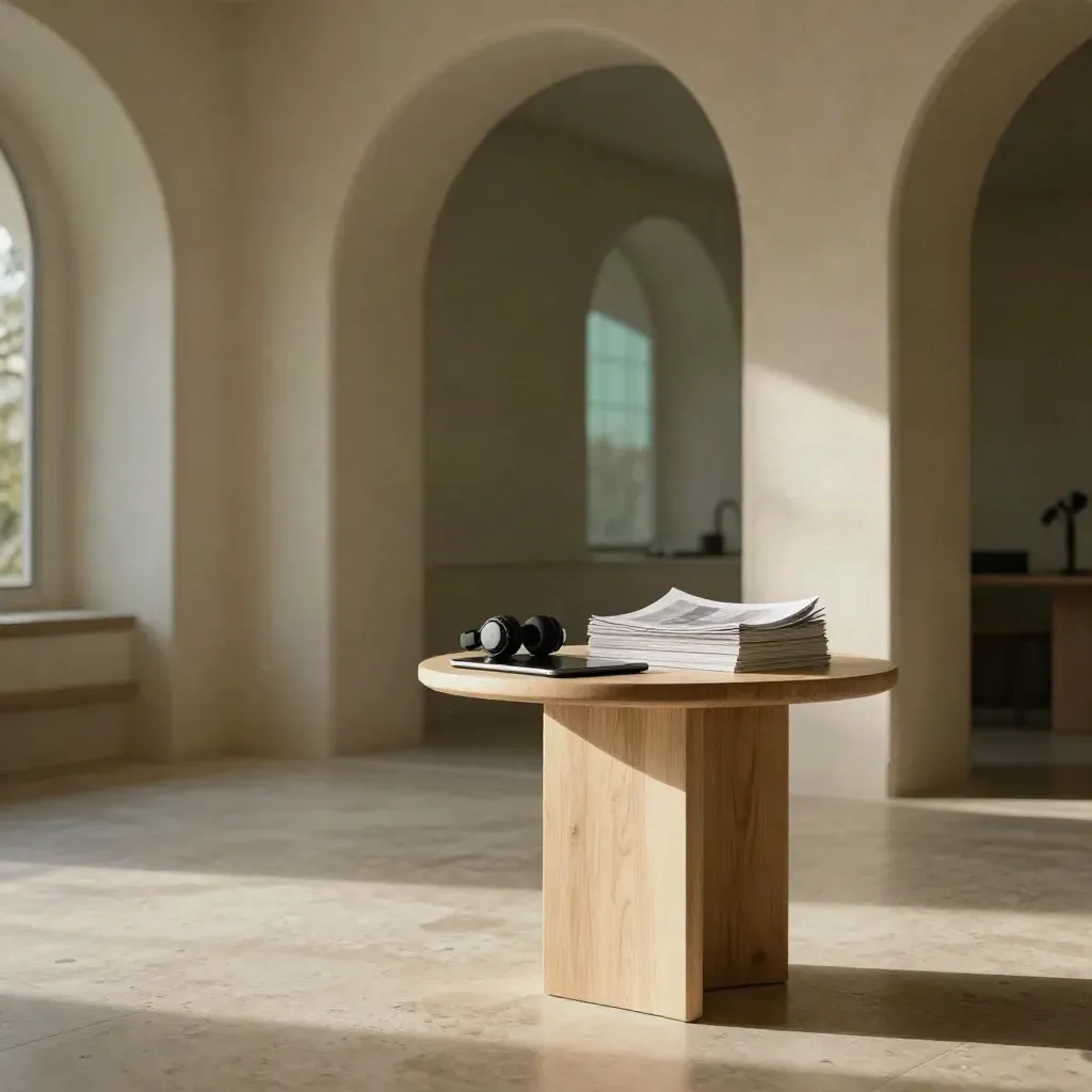 Sunlit arched interior with a side table, tablet, headphones, and calm copy space.