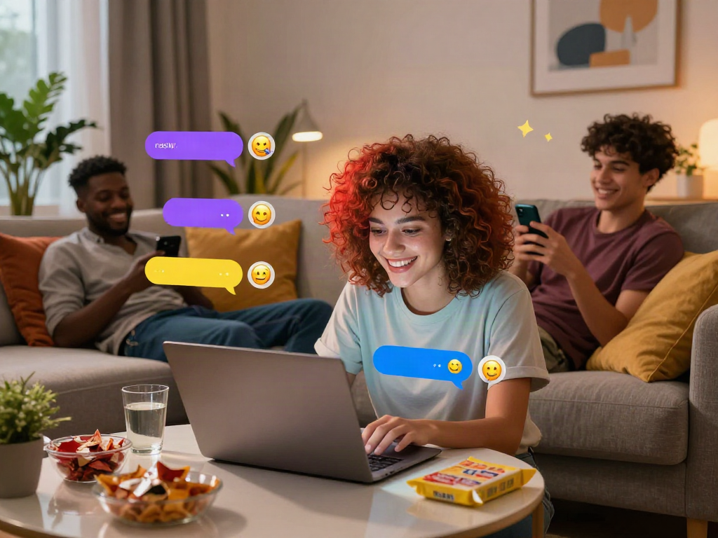 Engaging nsfw ai chat scene with friends enjoying virtual conversation in a cozy room.